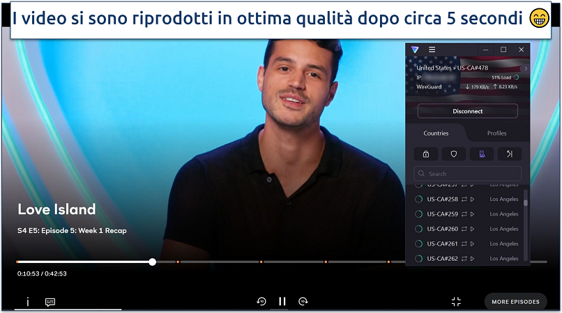 Uno screenshot di Peacock che trasmette Love Island mentre è connesso al server degli Stati Uniti ottimizzato per lo streaming di Proton VPN