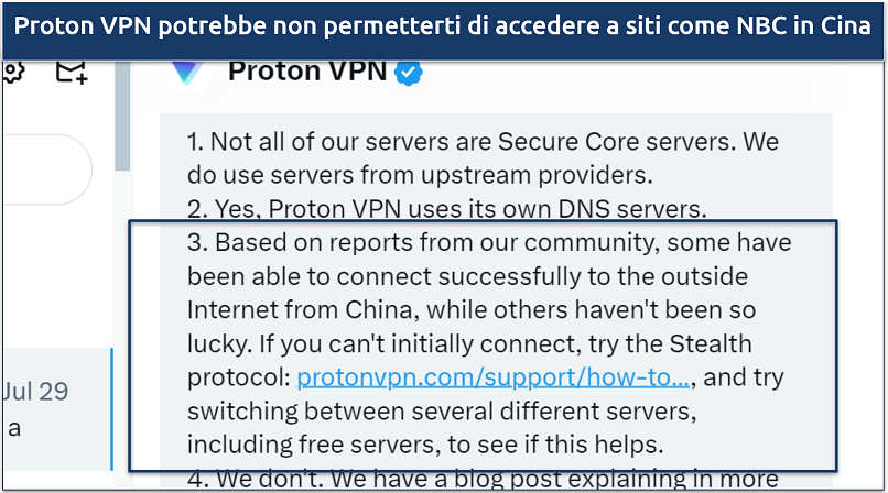 Uno screenshot che mostra il team di supporto di Proton VPN confermando che la VPN potrebbe funzionare in Cina