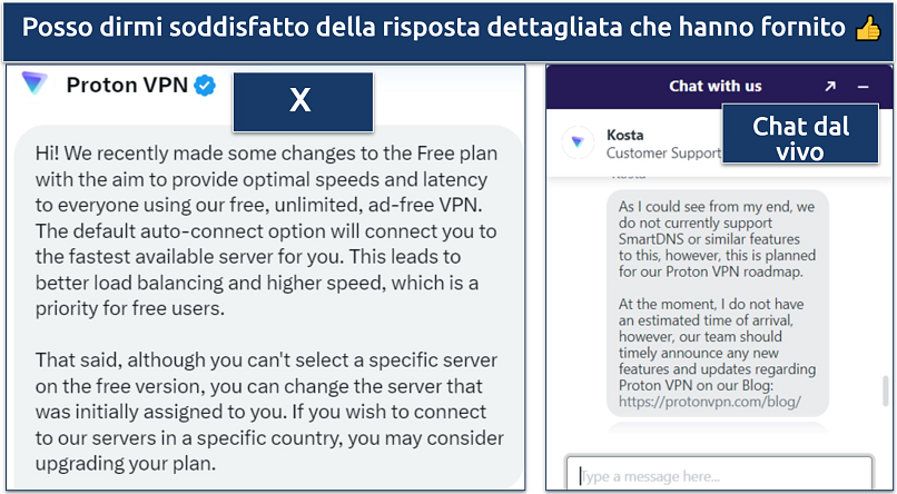 Uno screenshot che mostra come il team di supporto di Proton VPN fornisce risposte complete e sincere alle richieste