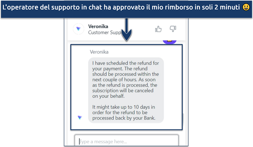 Uno screenshot che mostra come puoi cancellare e chiedere un rimborso tramite la funzione di live chat di Proton VPN