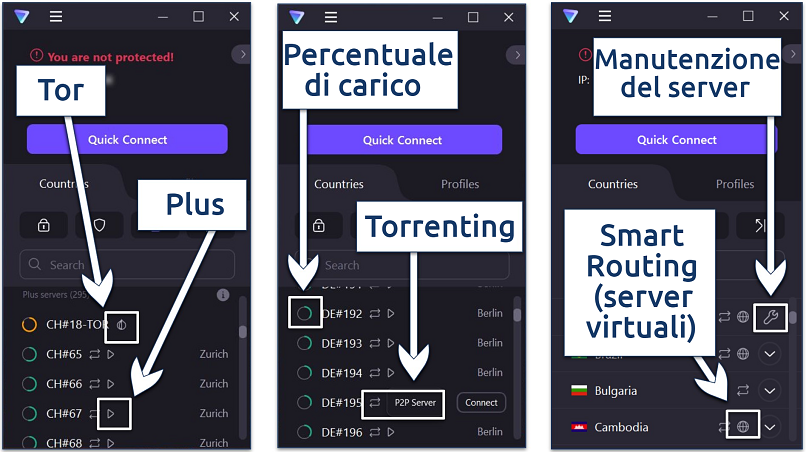 Uno screenshot mostrante i diversi server offerti da Proton VPN e le loro icone associate, oltre a un'icona che significa manutenzione