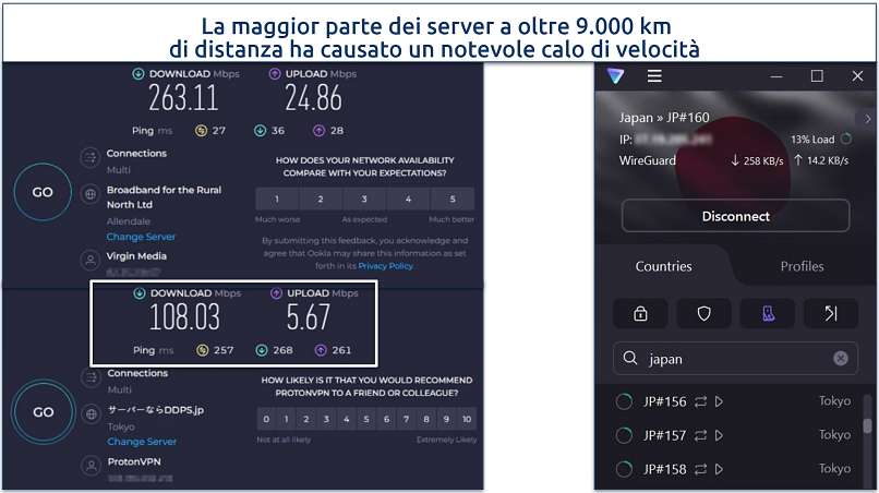 Uno screenshot dei test di velocità Ookla eseguiti mentre connessi al server di Proton VPN in Giappone e senza nessuna connessione VPN