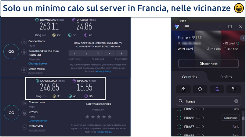 Uno screenshot dei test di velocità Ookla eseguiti mentre si è connessi al server di Proton in Francia e senza nessuna connessione VPN