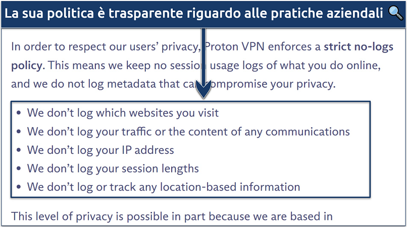 Uno screenshot che mostra come Proton VPN non registri informazioni sensibili come l'indirizzo IP, i log di traffico e la durata delle sessioni