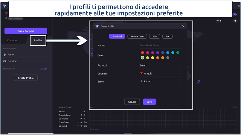 Uno screenshot della finestra che si apre quando clicchi su profili nella schermata iniziale di Proton VPN