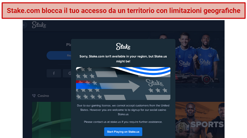 Screenshot of Stake.com inaccessible in the US