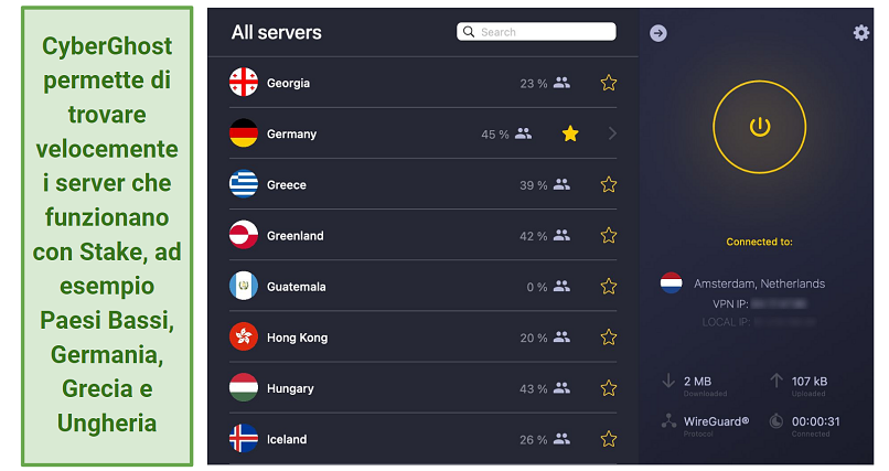 A screenshot of the CyberGhost server list