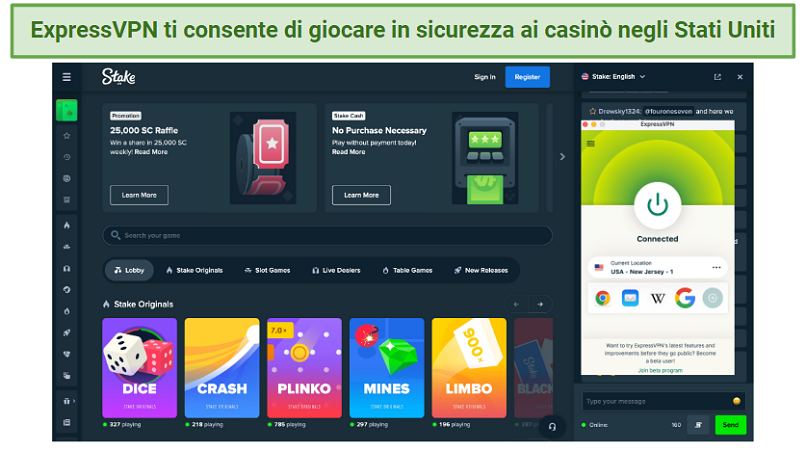 Screenshot of safely playing casino games on Stake.us with ExpressVPN