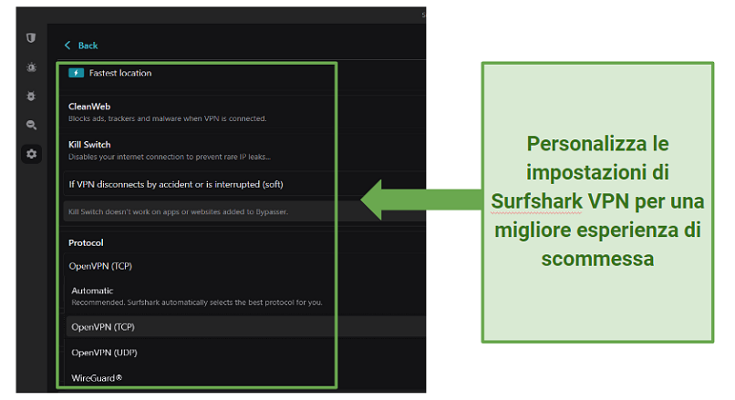 A screenshot of the Surfshark VPN settings