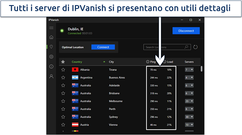 Screenshot of IPVanish's Windows app highlighting he server list