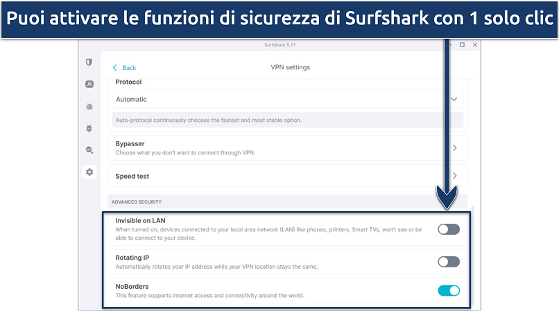 Screenshot of Surfshark's Windows app highlighting advanced security features