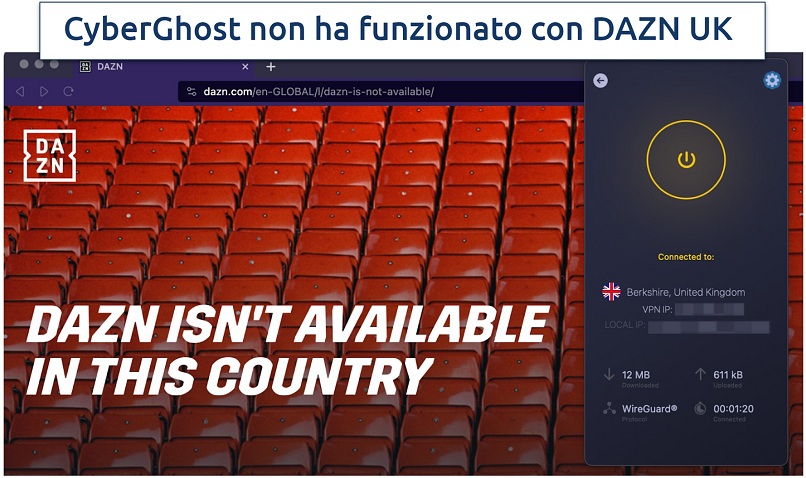 Uno screenshot che mostra CyberGhost bloccato da DAZN UK mentre connesso a un server UK