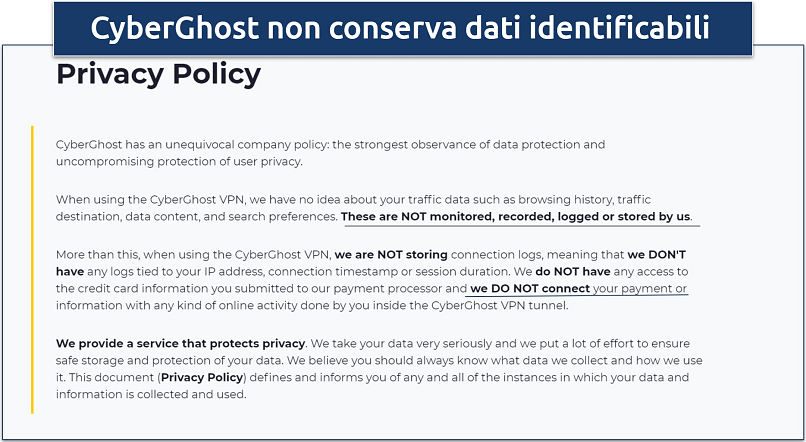 Screenshot della politica sulla privacy di CyberGhost