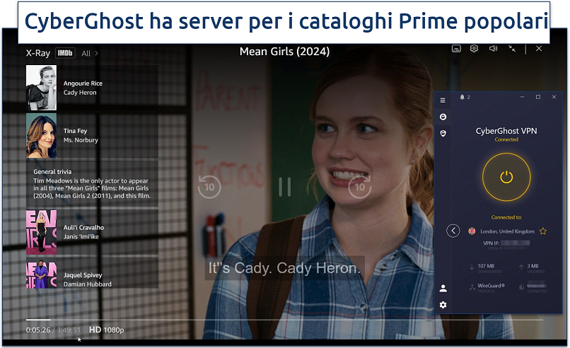 Screenshot di Prime Video in streaming con CyberGhost connesso