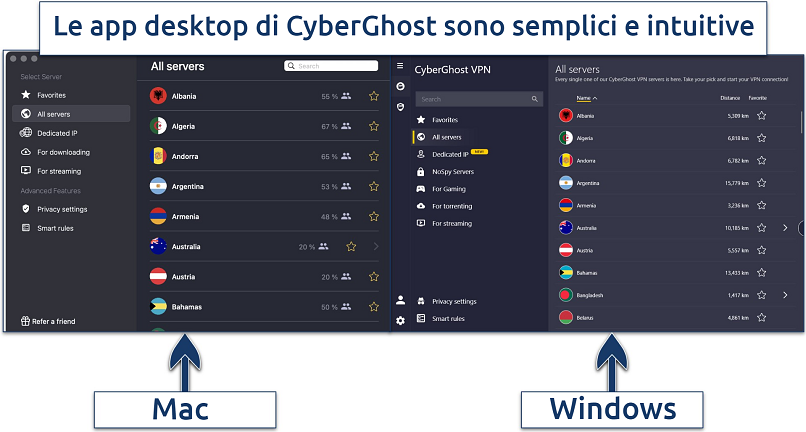 Screenshot delle app desktop di CyberGhost