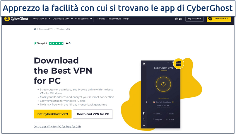 Screenshot della pagina di download di CyberGhost che evidenzia dove trovare l'app per Windows