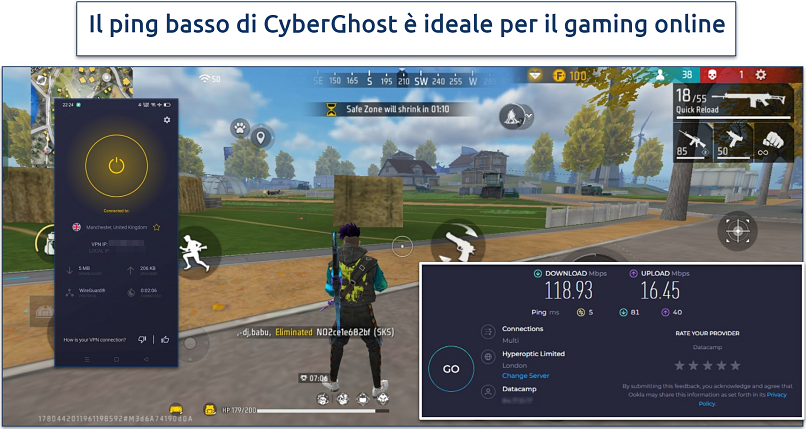 Screenshot di una partita a Free Fire con CyberGhost connesso