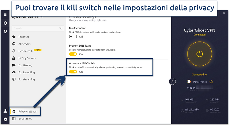 Screenshot che mostra come abilitare l'interruttore di sicurezza di CyberGhost su Windows