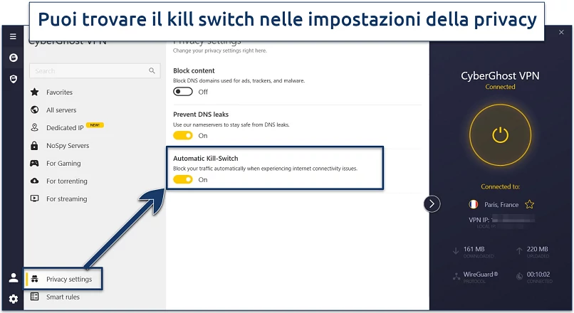 Screenshot che mostra come abilitare l'interruttore di sicurezza di CyberGhost su Windows