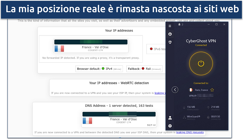 Screenshot dei risultati del test di perdita di CyberGhost