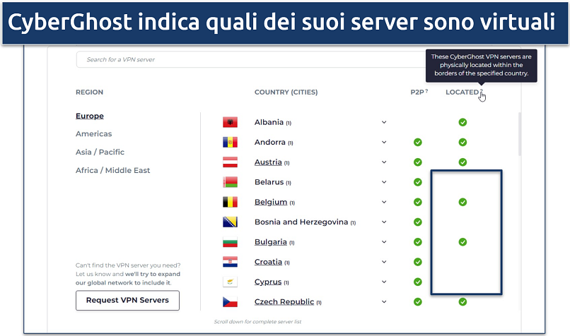 Screenshot della lista dei server virtuali e fisici di CyberGhost