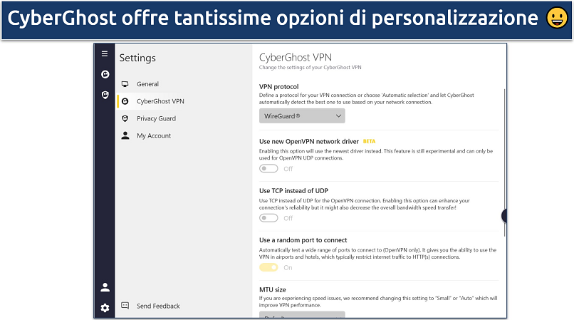 Screenshot dell'interfaccia utente di CyberGhost su Windows che mostra le opzioni delle impostazioni della VPN CyberGhost