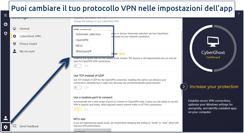 Screenshot che mostra come cambiare il protocollo VPN