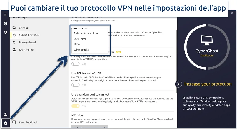 Screenshot che mostra come cambiare il protocollo VPN