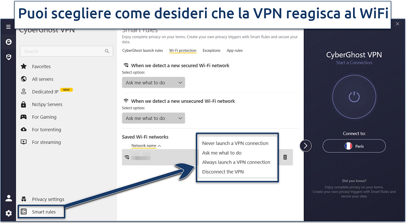 Screenshot che mostra come abilitare la protezione Wi-Fi