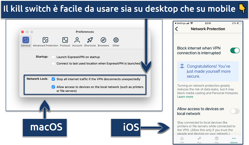 Screenshot showing how to activate the kill switch on ExpressVPN's desktop and mobile apps