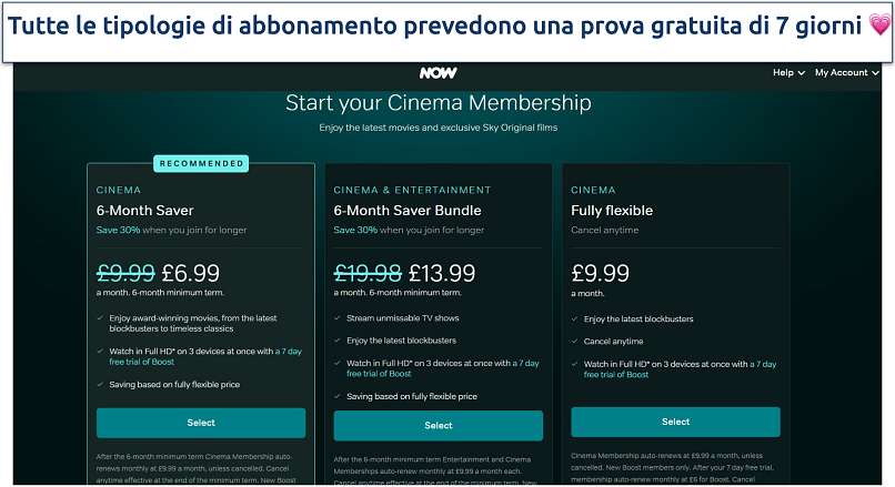 Screenshot of NOW TV pricing plans showing