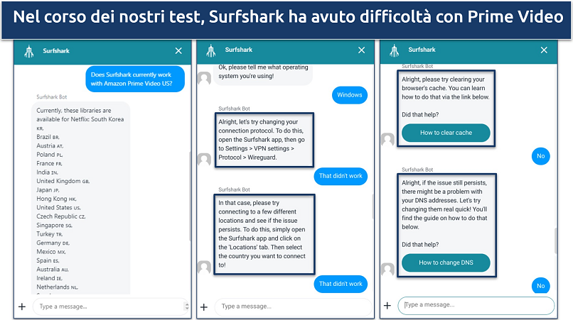 Screenshot of Surfshark's chat support giving troubleshooting tips on getting the VPN to work with Amazon Prime Video