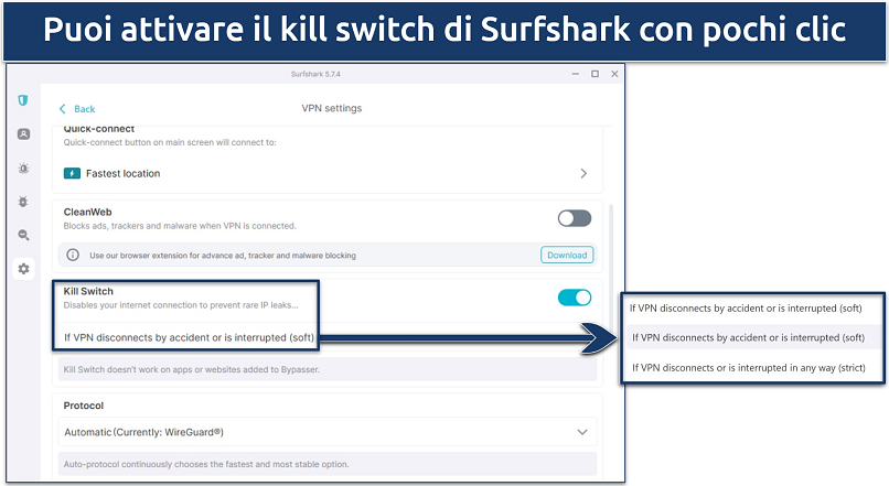 Screenshot of Surfshark's Windows app showing the kill switch soft or strict options