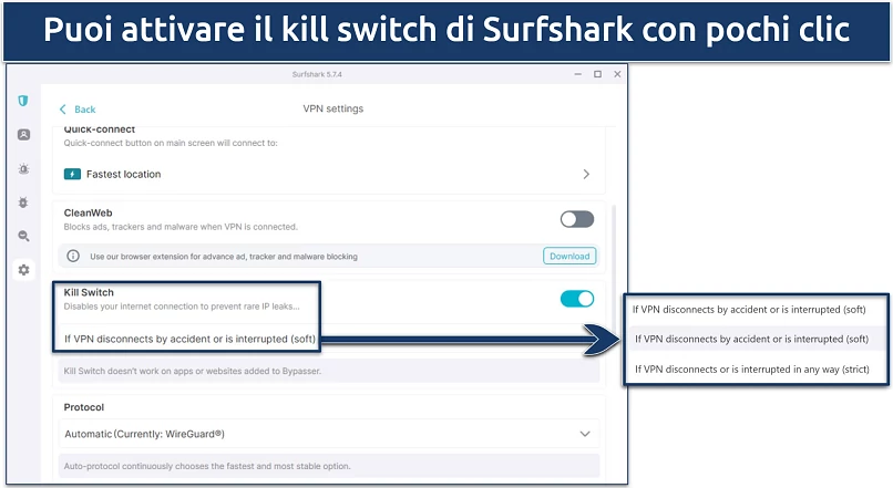 Screenshot of Surfshark's Windows app showing the kill switch soft or strict options