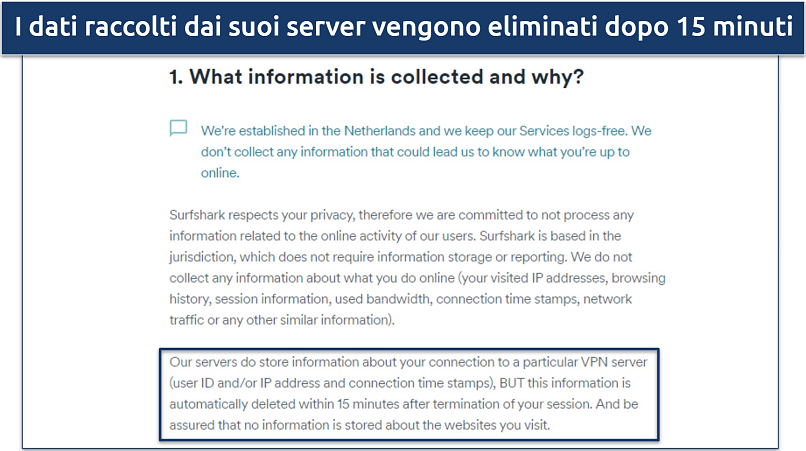 Screenshot of Surfshark's privacy policy highlighting their data collection