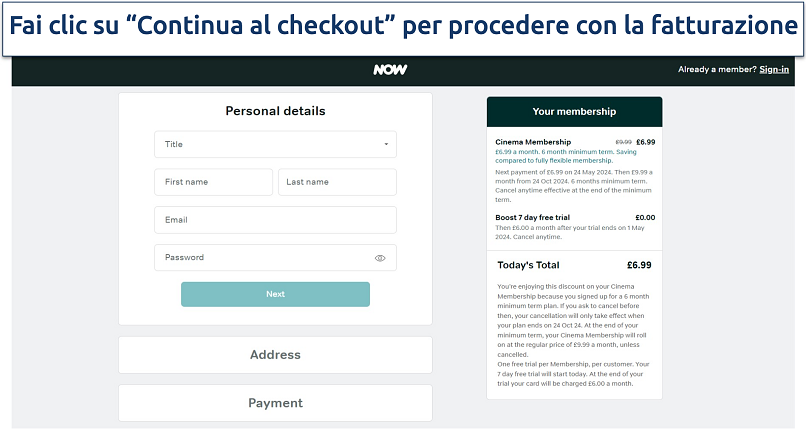 Screenshot of NOW TV personal details billing process