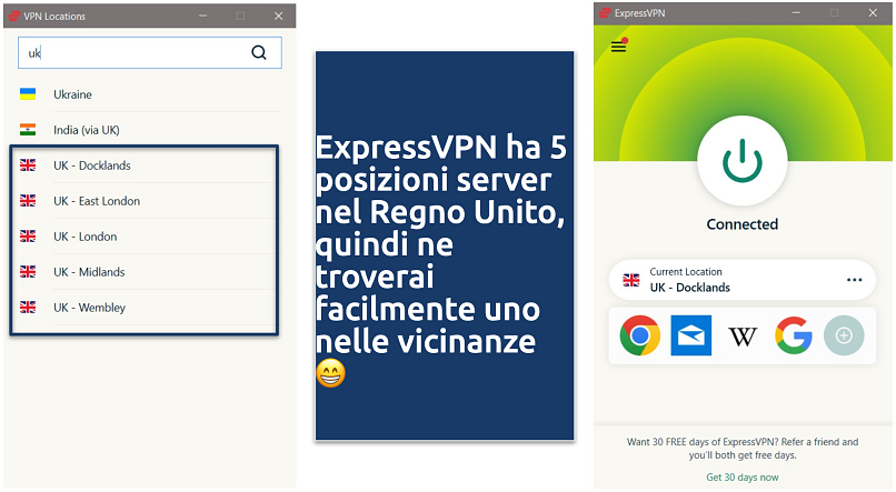 Screenshot of ExpressVPN app, showing UK servers and connected to a Docklands server
