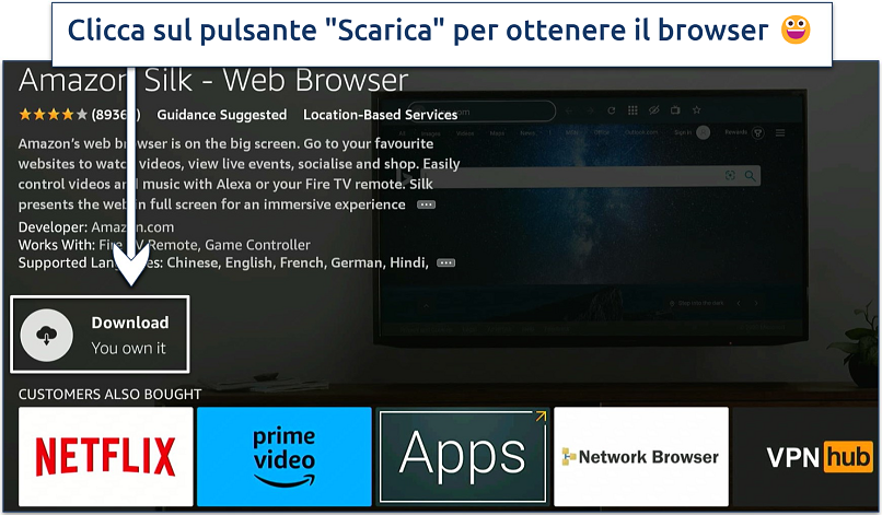 Screenshot che mostra come installare il browser Silk su Firestick