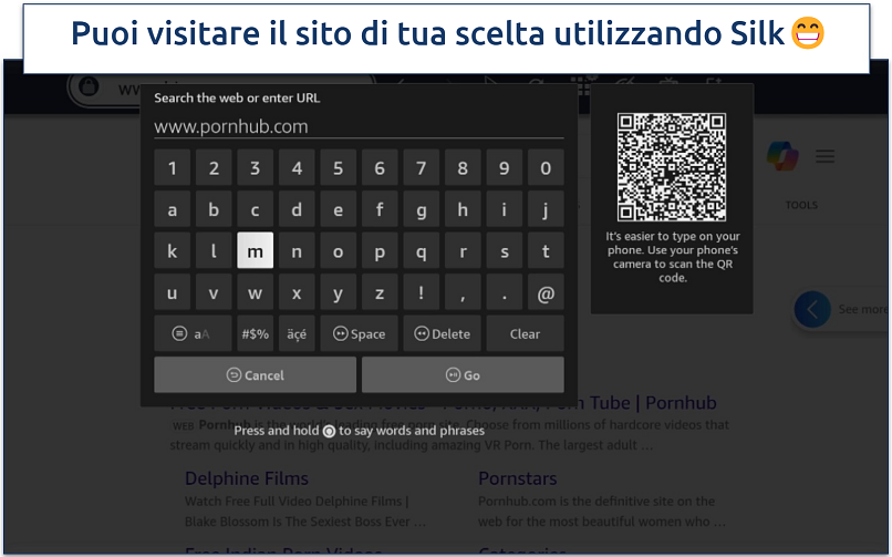 Screenshot che mostra come inserire un indirizzo web in Silk