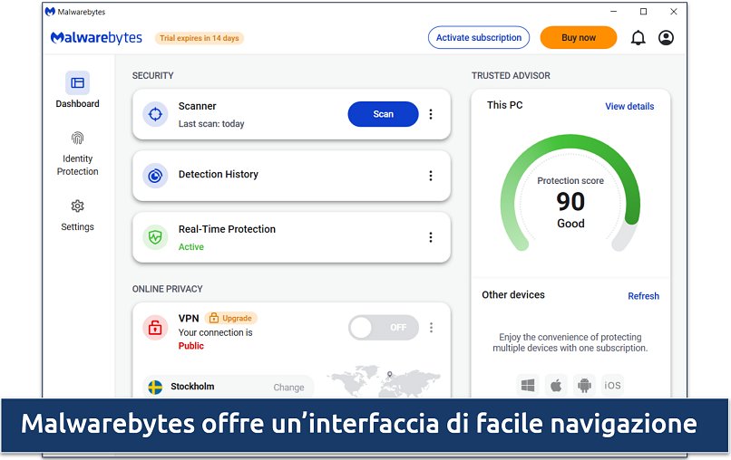 Uno screenshot che mostra l’interfaccia semplice e ordinata di Malwarebytes