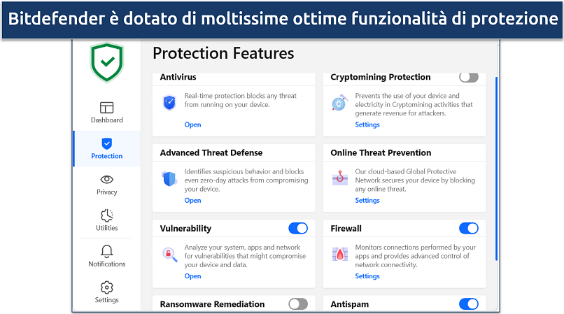 Lo screenshot mostra che Bitdefender è dotato di svariate ottime funzionalità di protezione