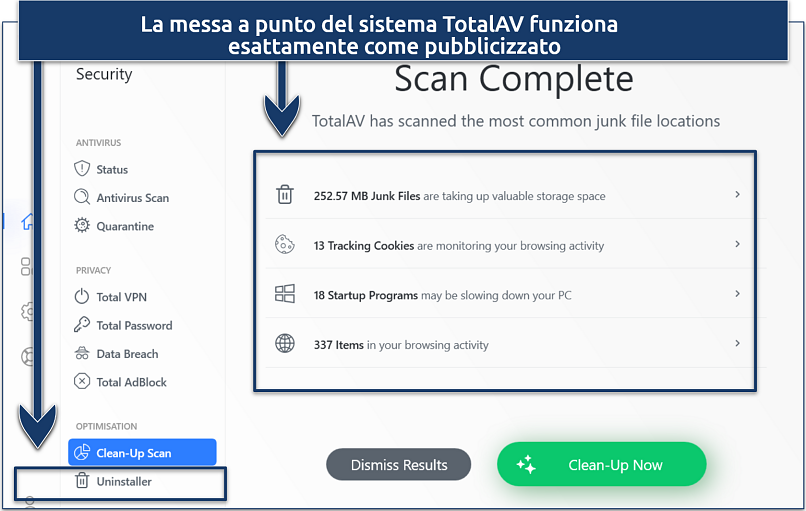 Lo screenshot dimostra che gli strumenti di ottimizzazione di TotalAV funzionano proprio nel modo pubblicizzato