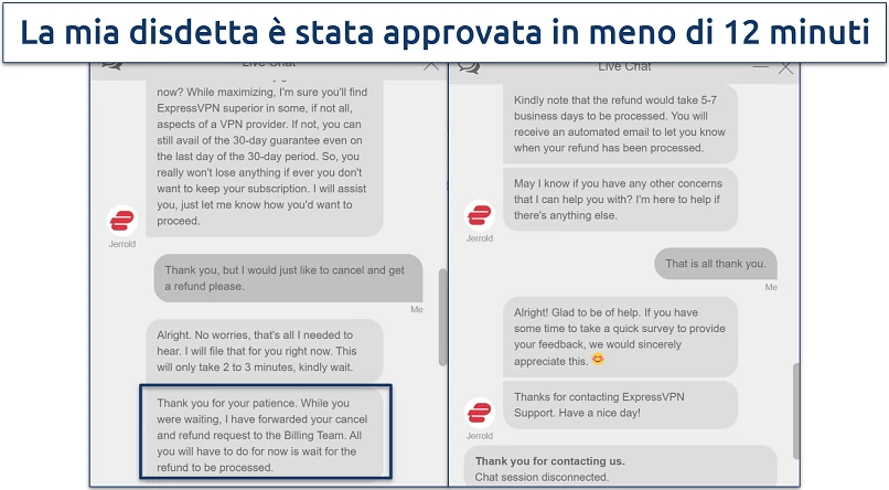 Screenshot of a conversation with ExpressVPN customer support where they approved our cancellation and refund