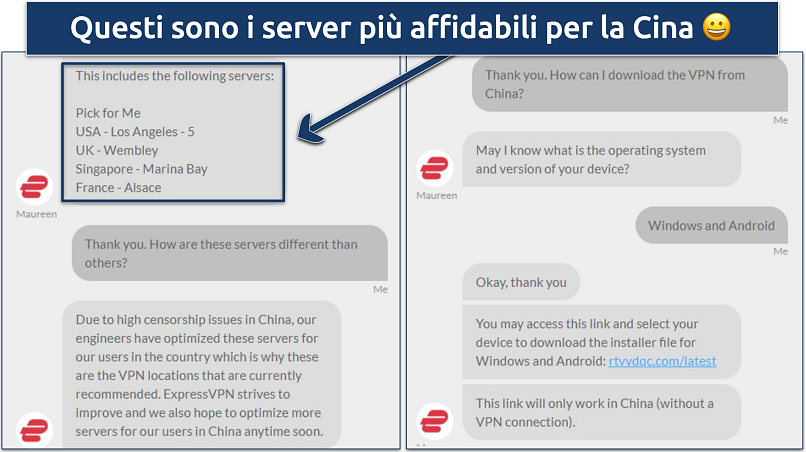 Screenshot showing a conversation with ExpressVPN live char support regarding the VPN use in China