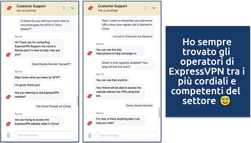 Screenshot showing a chat with the ExpressVPN customer service