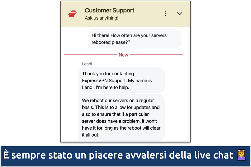 Screenshot showing a chat with the ExpressVPN Customer Support team