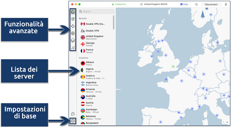 Screenshot showing the NordVPN app