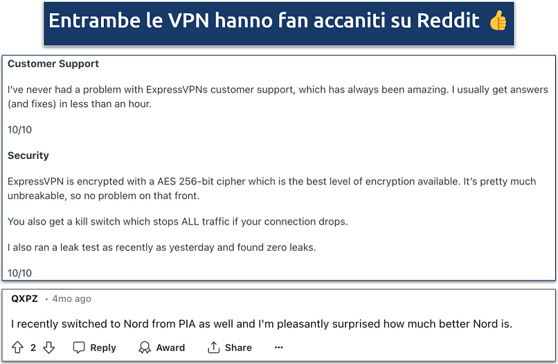 Screenshot showing positive feedback on Reddit for ExpressVPN and NordVPN