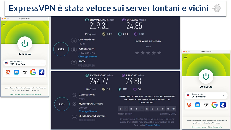 Screenshot showing the ExpressVPN app alongside online speed tests