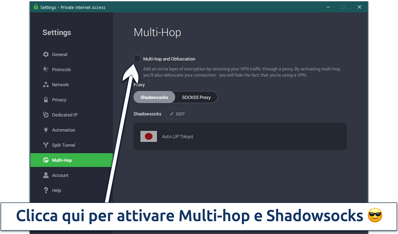 Screenshot of PIA's Multi-hop and Obfuscation (Shadowsocks) feature on Windows 